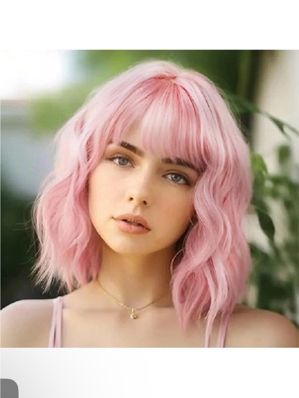 Light Pink Women’s Wavy Hairpiece with Bangs- Soft Pastel Pink & highlights